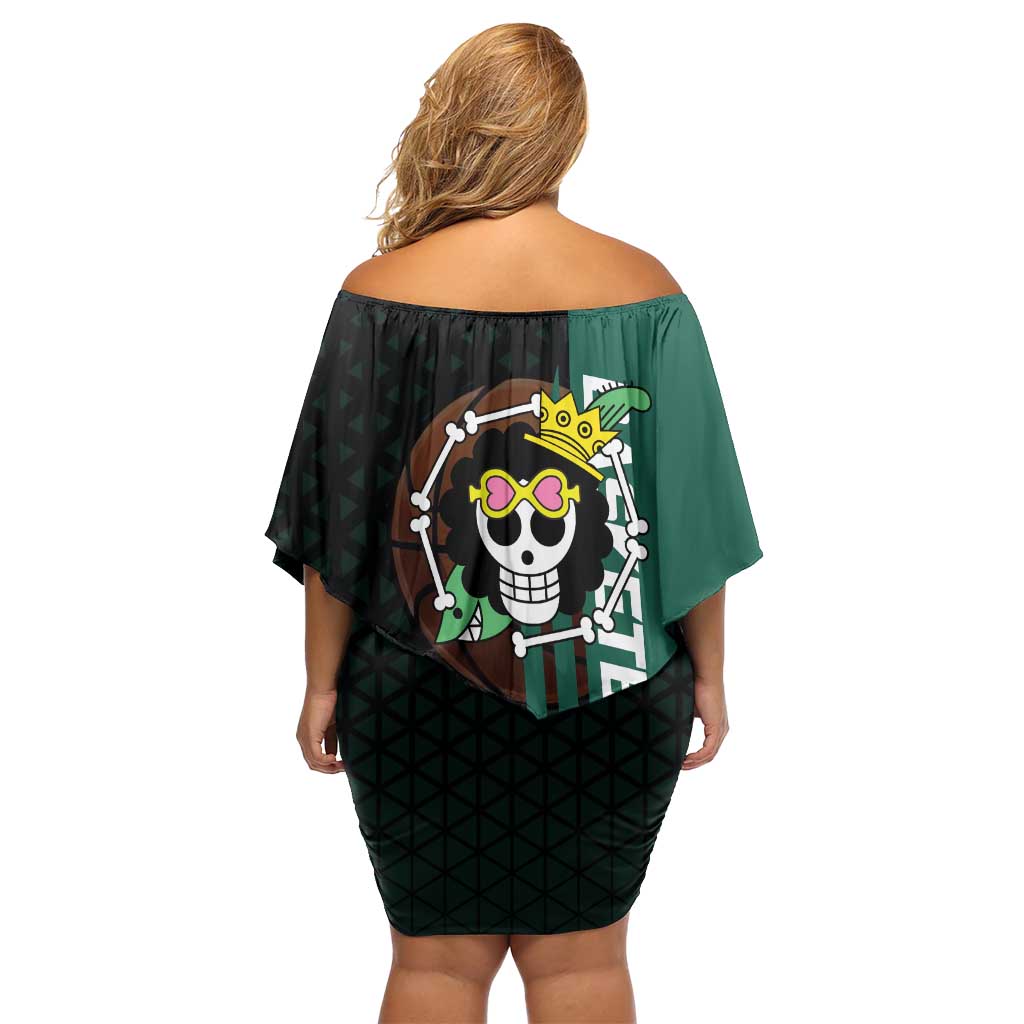 Brook One Piece Basketball Theme Green and Black Design Off Shoulder Short Dress with Skull Emblem and Energetic Pose - The Mazicc