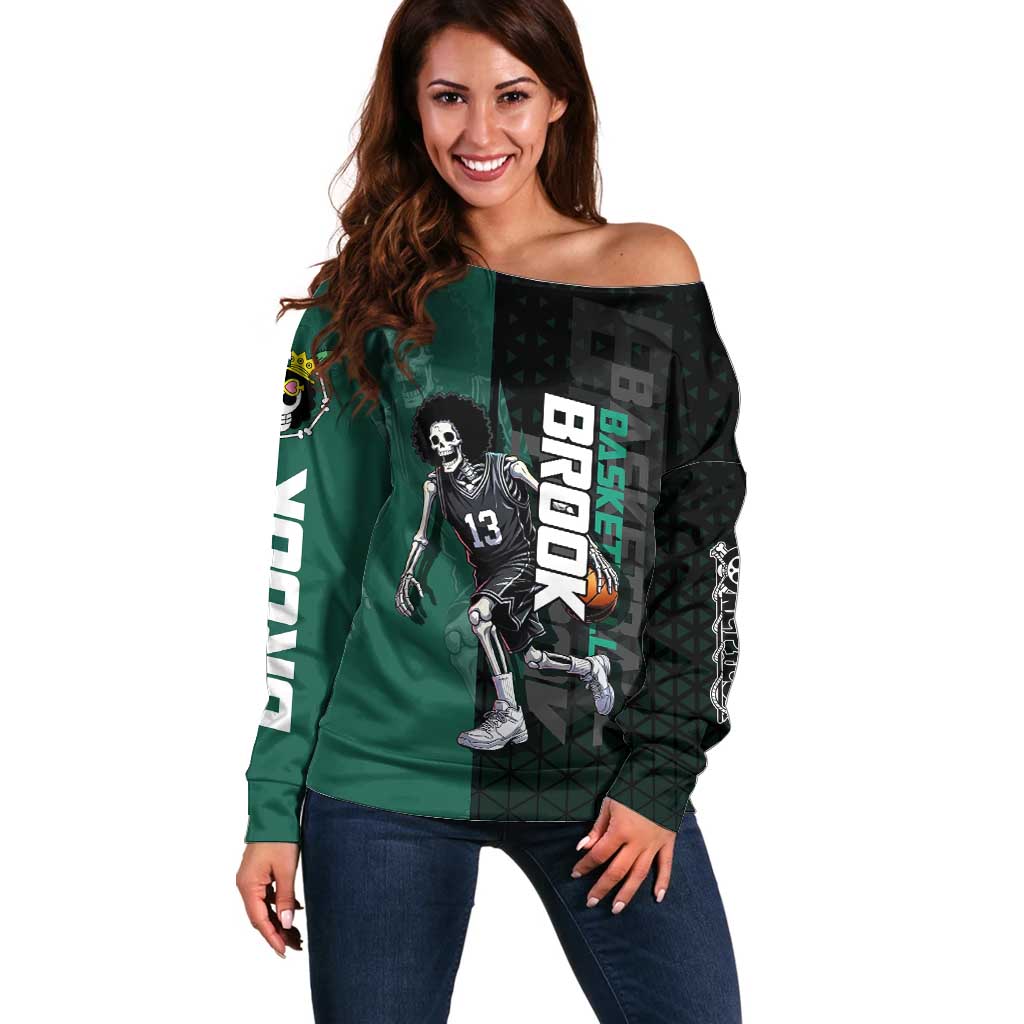 Brook One Piece Basketball Theme Green and Black Design Off Shoulder Sweater with Skull Emblem and Energetic Pose - The Mazicc