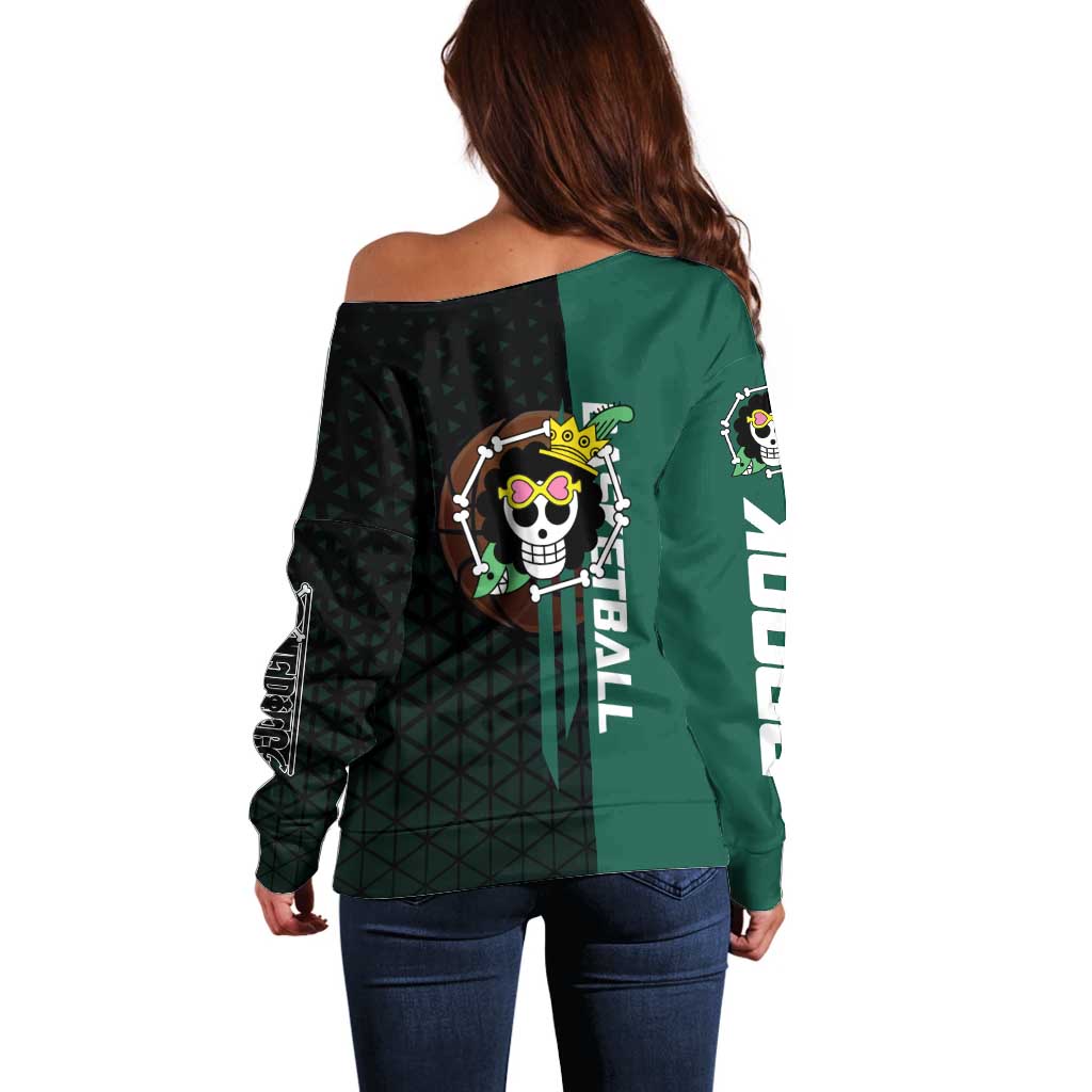 Brook One Piece Basketball Theme Green and Black Design Off Shoulder Sweater with Skull Emblem and Energetic Pose - The Mazicc