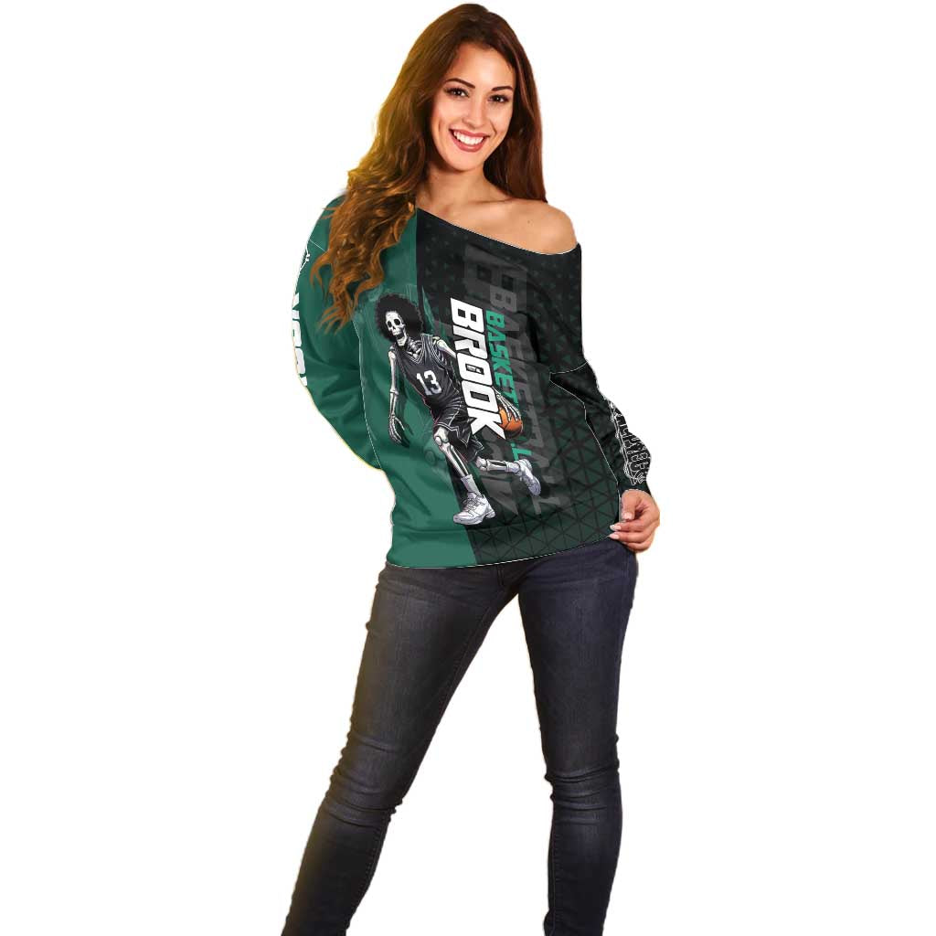 Brook One Piece Basketball Theme Green and Black Design Off Shoulder Sweater with Skull Emblem and Energetic Pose - The Mazicc
