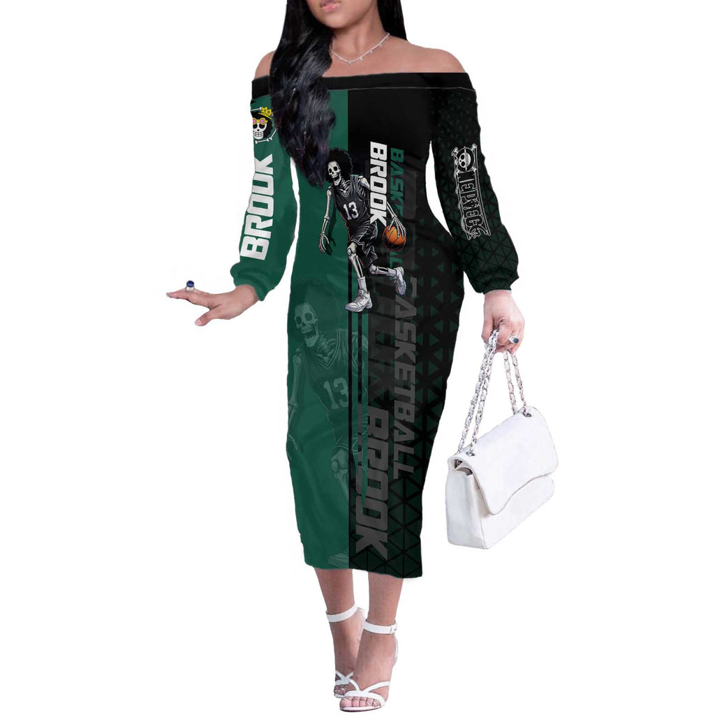 Brook One Piece Basketball Theme Green and Black Design Off The Shoulder Long Sleeve Dress with Skull Emblem and Energetic Pose - The Mazicc