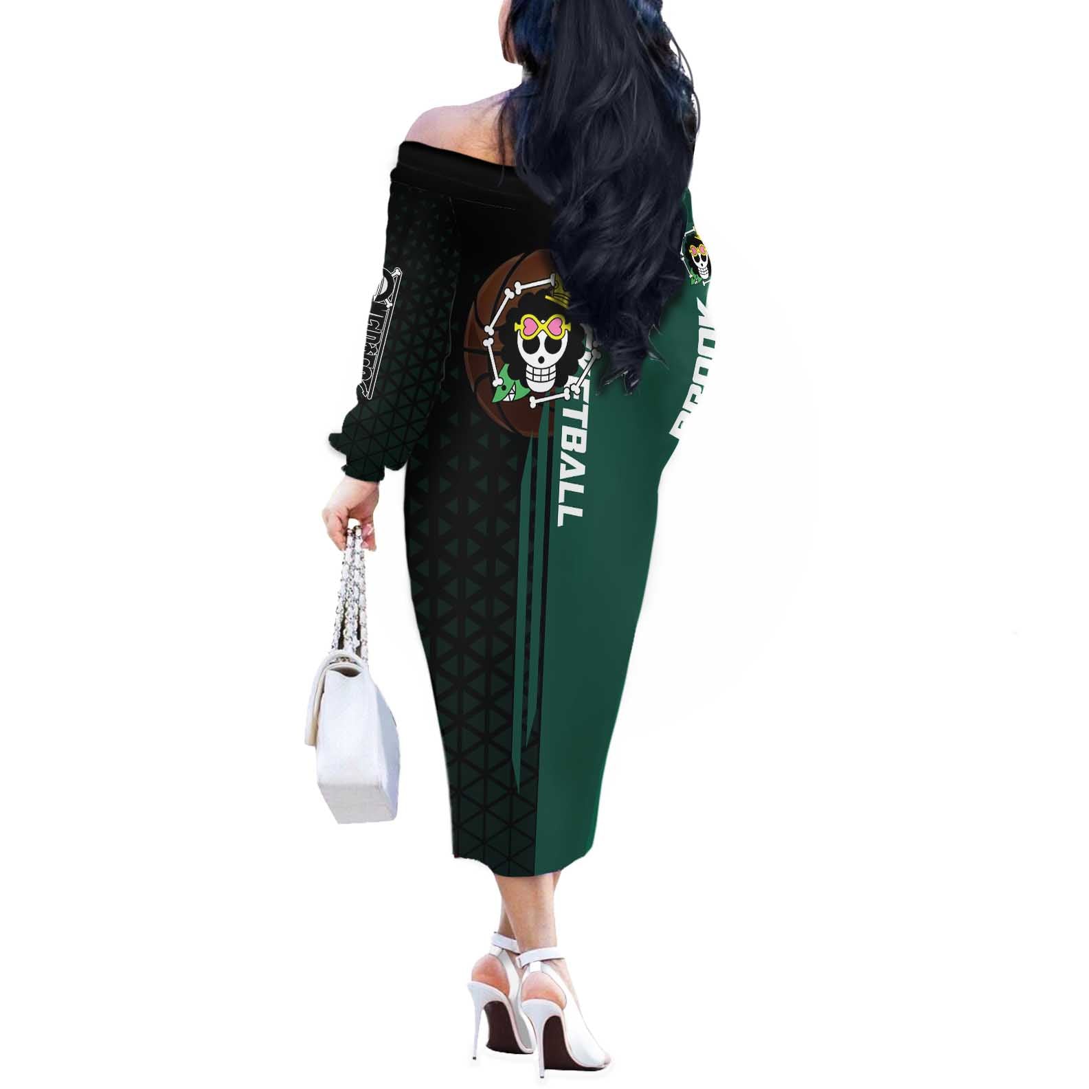 Brook One Piece Basketball Theme Green and Black Design Off The Shoulder Long Sleeve Dress with Skull Emblem and Energetic Pose - The Mazicc