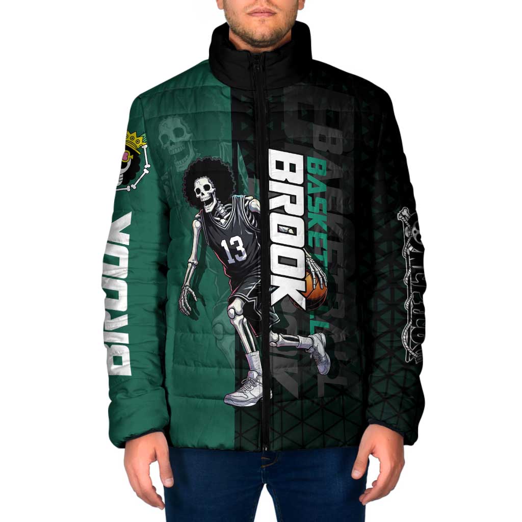 Brook One Piece Basketball Theme Green and Black Design Padded Jacket with Skull Emblem and Energetic Pose - The Mazicc