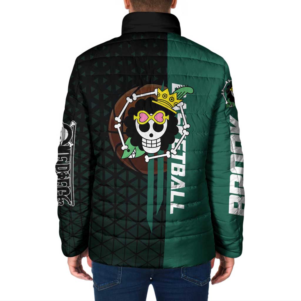 Brook One Piece Basketball Theme Green and Black Design Padded Jacket with Skull Emblem and Energetic Pose - The Mazicc