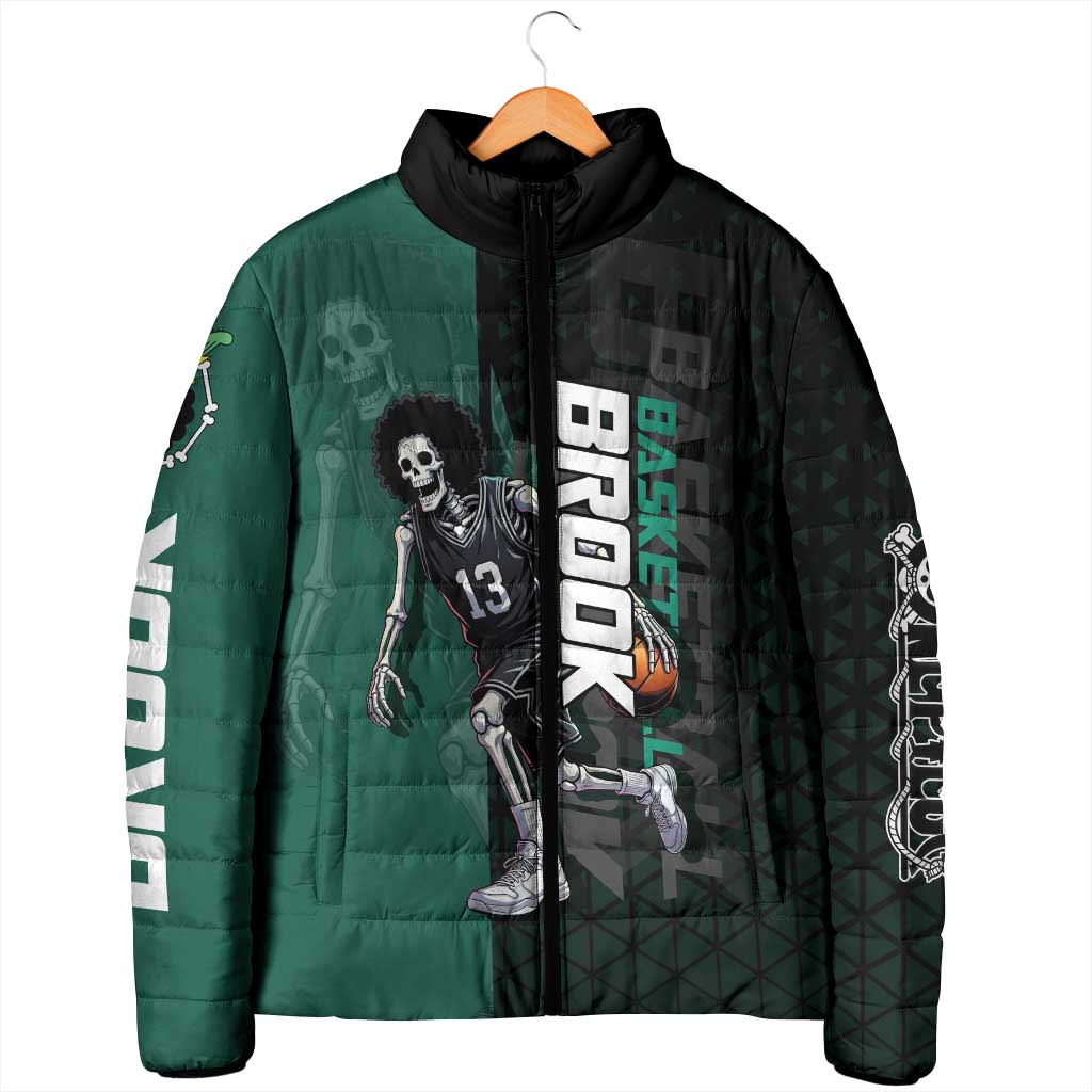 Brook One Piece Basketball Theme Green and Black Design Padded Jacket with Skull Emblem and Energetic Pose - The Mazicc