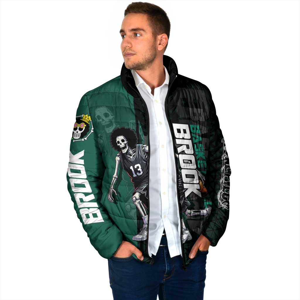 Brook One Piece Basketball Theme Green and Black Design Padded Jacket with Skull Emblem and Energetic Pose - The Mazicc