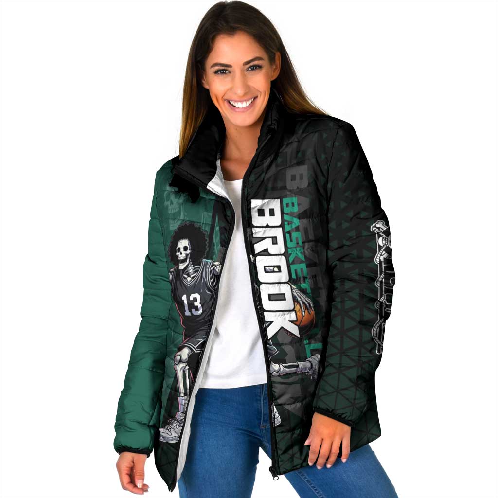 Brook One Piece Basketball Theme Green and Black Design Padded Jacket with Skull Emblem and Energetic Pose - The Mazicc