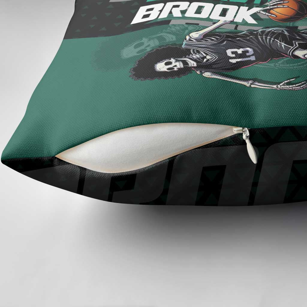 Brook One Piece Basketball Theme Green and Black Design Pillow Cover with Skull Emblem and Energetic Pose - The Mazicc