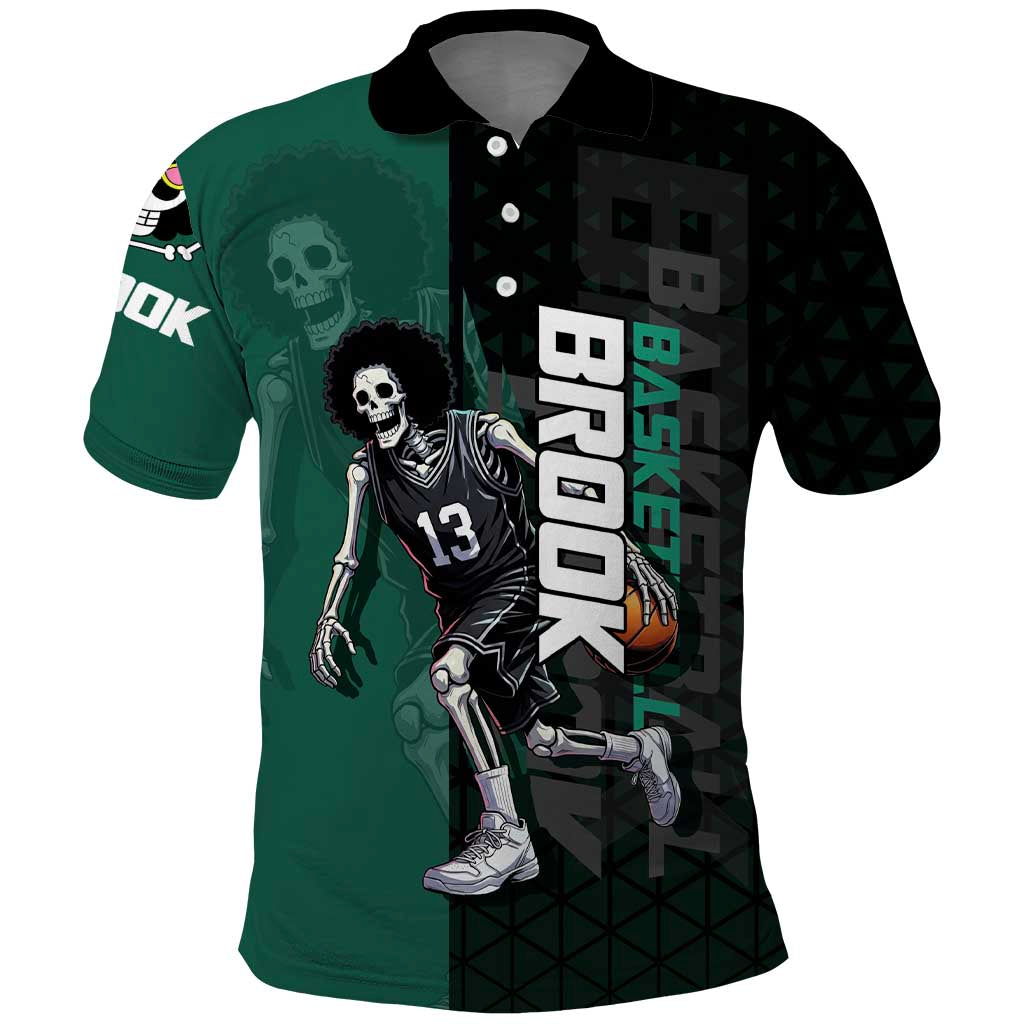 Brook One Piece Basketball Theme Green and Black Design Polo Shirt with Skull Emblem and Energetic Pose - The Mazicc