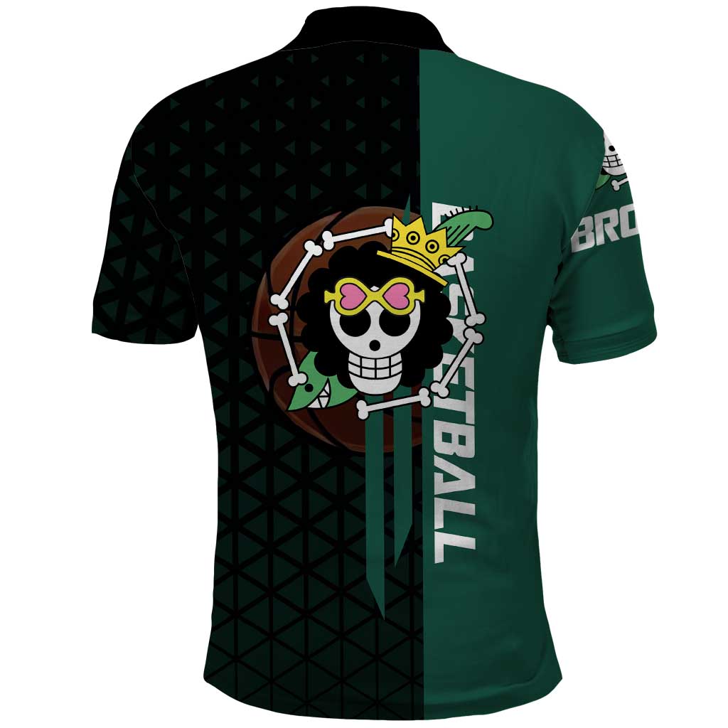 Brook One Piece Basketball Theme Green and Black Design Polo Shirt with Skull Emblem and Energetic Pose - The Mazicc