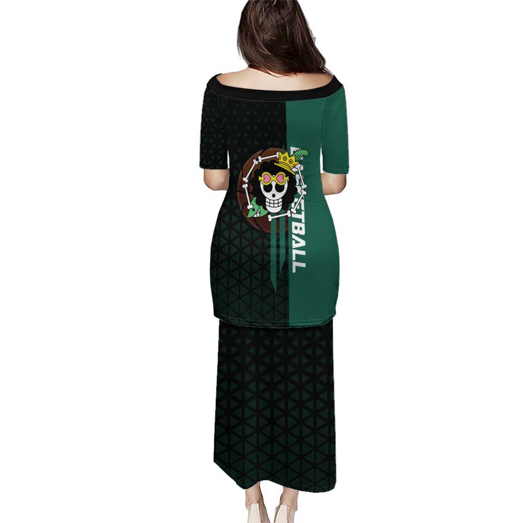 Brook One Piece Basketball Theme Green and Black Design Puletasi with Skull Emblem and Energetic Pose - The Mazicc