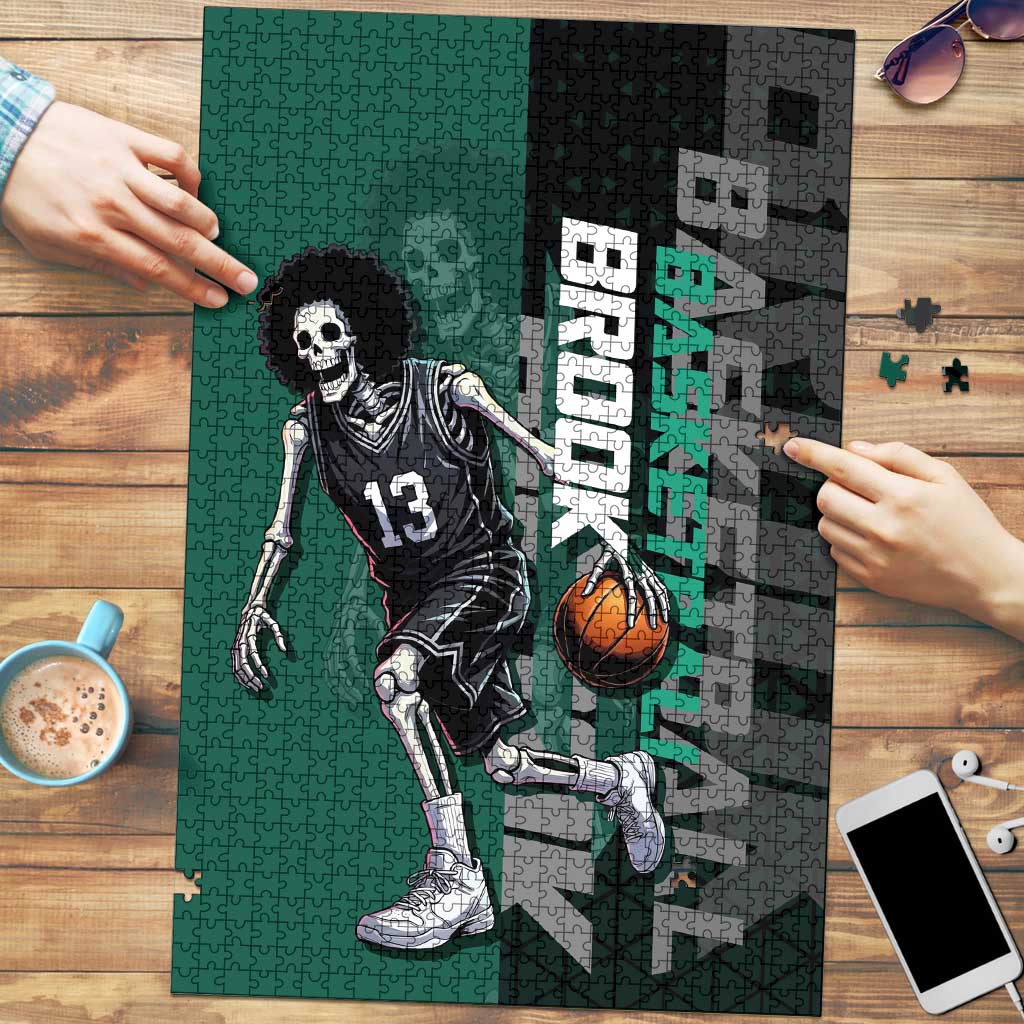 Brook One Piece Basketball Theme Green and Black Design Puzzle with Skull Emblem and Energetic Pose - The Mazicc