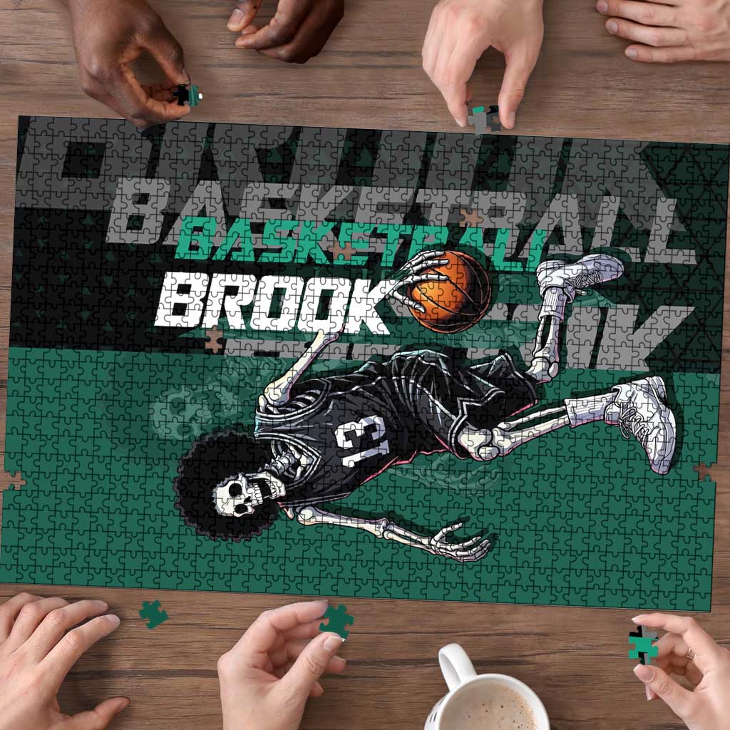Brook One Piece Basketball Theme Green and Black Design Puzzle with Skull Emblem and Energetic Pose - The Mazicc