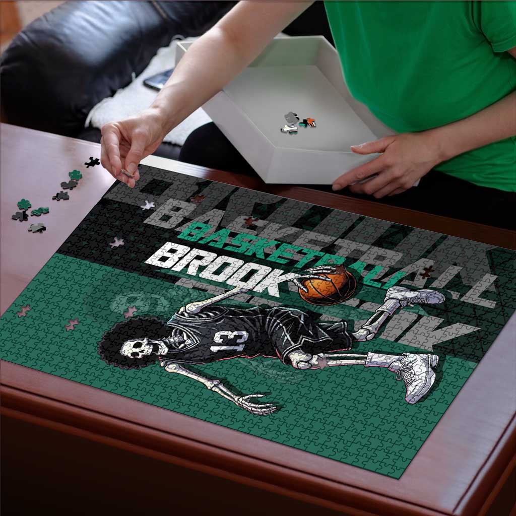 Brook One Piece Basketball Theme Green and Black Design Puzzle with Skull Emblem and Energetic Pose - The Mazicc