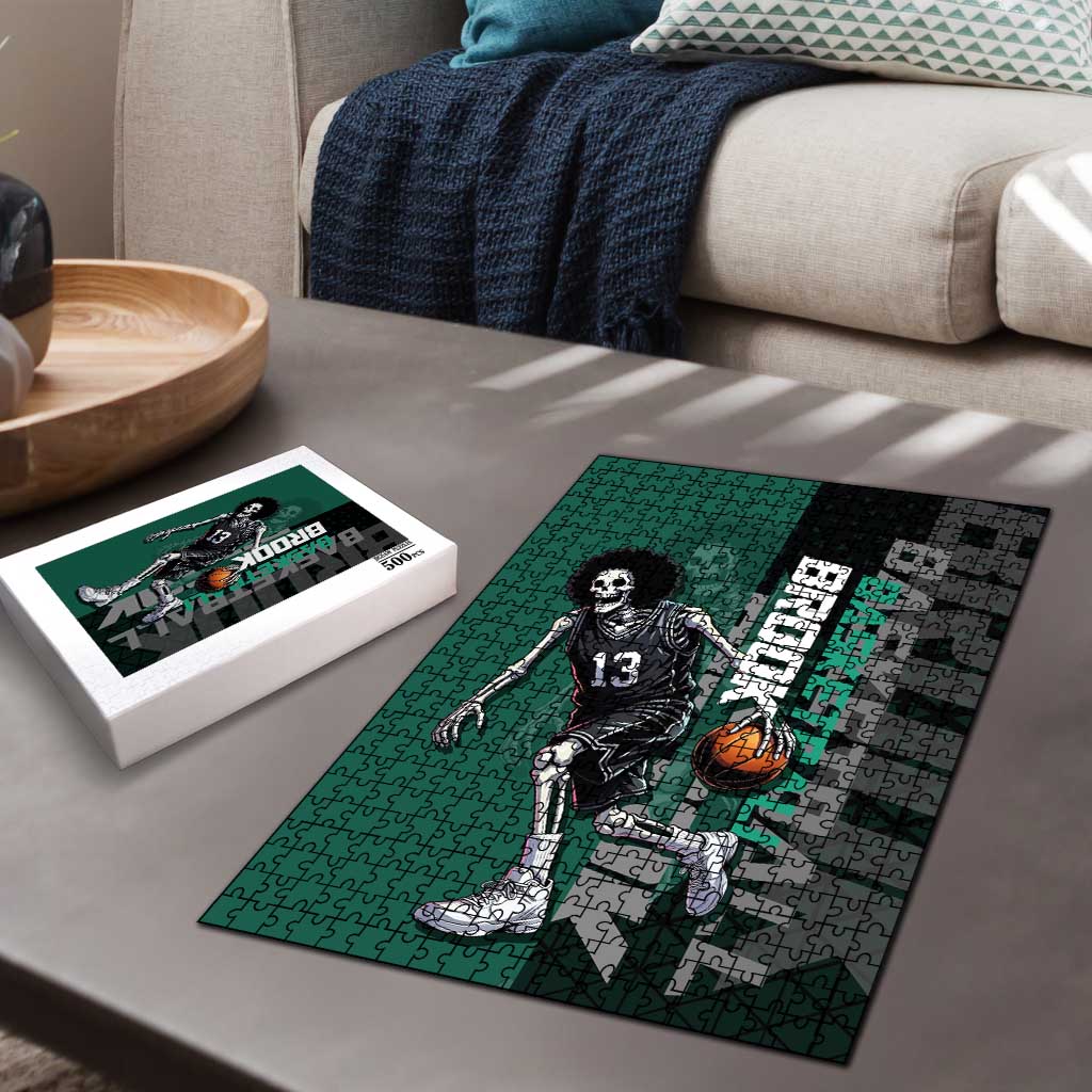Brook One Piece Basketball Theme Green and Black Design Puzzle with Skull Emblem and Energetic Pose - The Mazicc