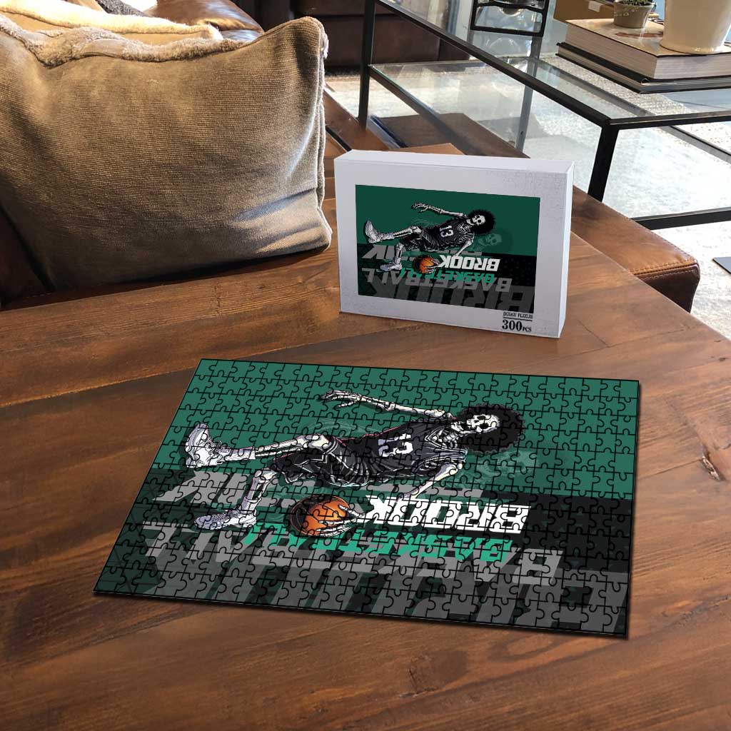 Brook One Piece Basketball Theme Green and Black Design Puzzle with Skull Emblem and Energetic Pose - The Mazicc