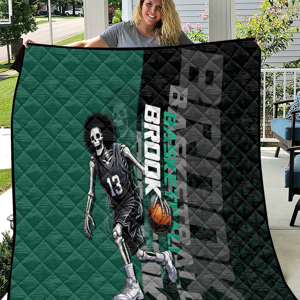 Brook One Piece Basketball Theme Green and Black Design Quilt with Skull Emblem and Energetic Pose - The Mazicc