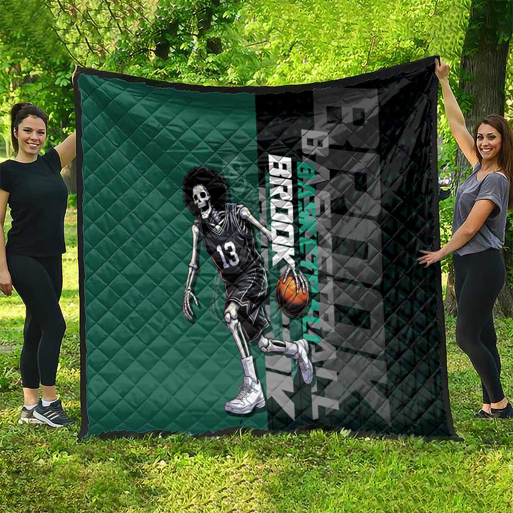 Brook One Piece Basketball Theme Green and Black Design Quilt with Skull Emblem and Energetic Pose - The Mazicc