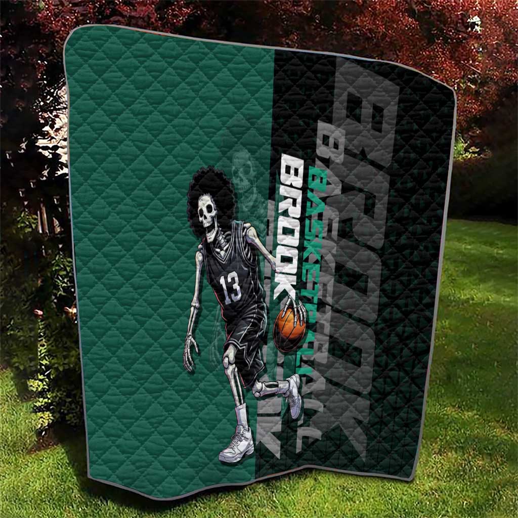 Brook One Piece Basketball Theme Green and Black Design Quilt with Skull Emblem and Energetic Pose - The Mazicc
