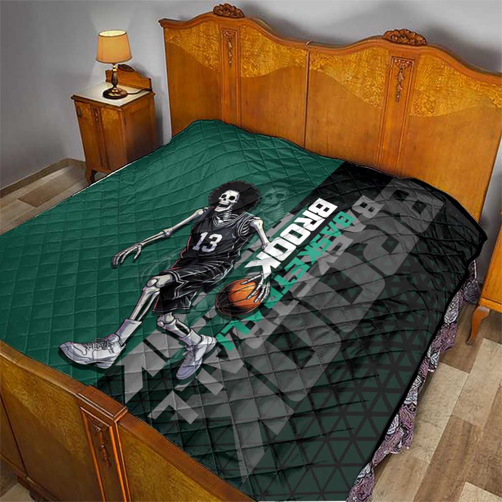 Brook One Piece Basketball Theme Green and Black Design Quilt with Skull Emblem and Energetic Pose - The Mazicc