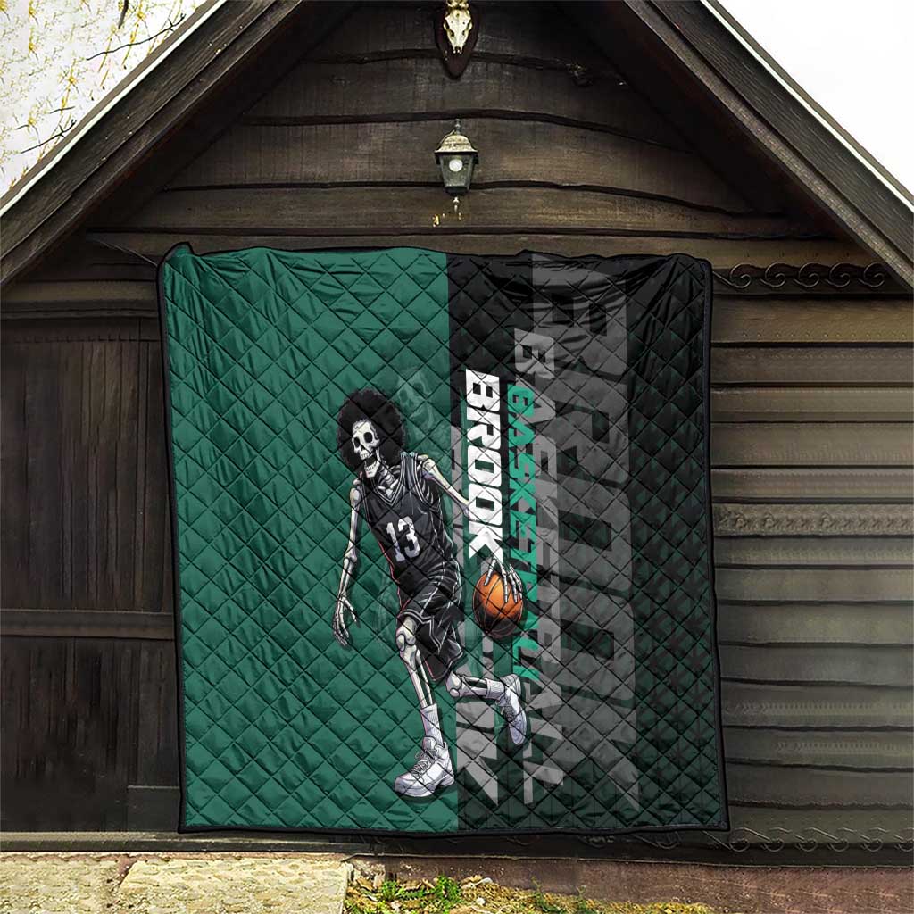 Brook One Piece Basketball Theme Green and Black Design Quilt with Skull Emblem and Energetic Pose - The Mazicc