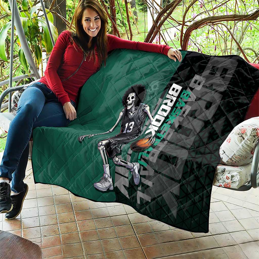 Brook One Piece Basketball Theme Green and Black Design Quilt with Skull Emblem and Energetic Pose - The Mazicc
