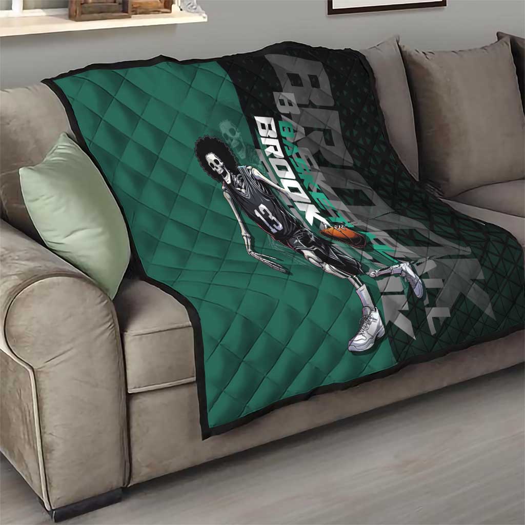 Brook One Piece Basketball Theme Green and Black Design Quilt with Skull Emblem and Energetic Pose - The Mazicc