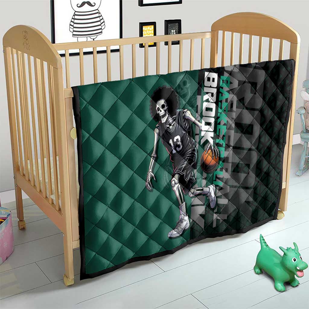 Brook One Piece Basketball Theme Green and Black Design Quilt with Skull Emblem and Energetic Pose - The Mazicc