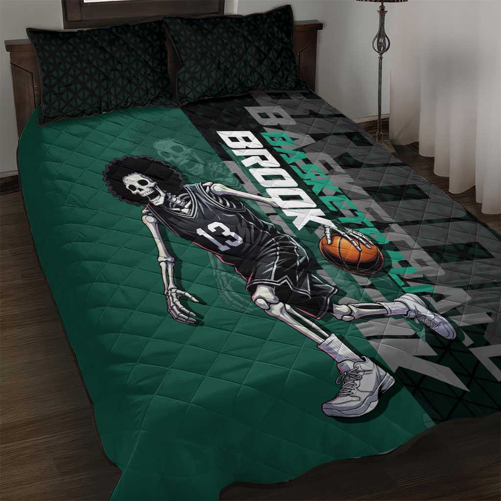 Brook One Piece Basketball Theme Green and Black Design Quilt Bed Set with Skull Emblem and Energetic Pose - The Mazicc