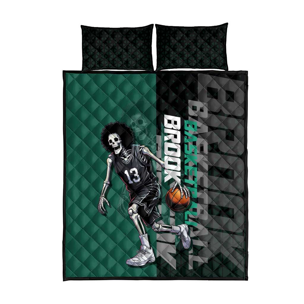 Brook One Piece Basketball Theme Green and Black Design Quilt Bed Set with Skull Emblem and Energetic Pose - The Mazicc