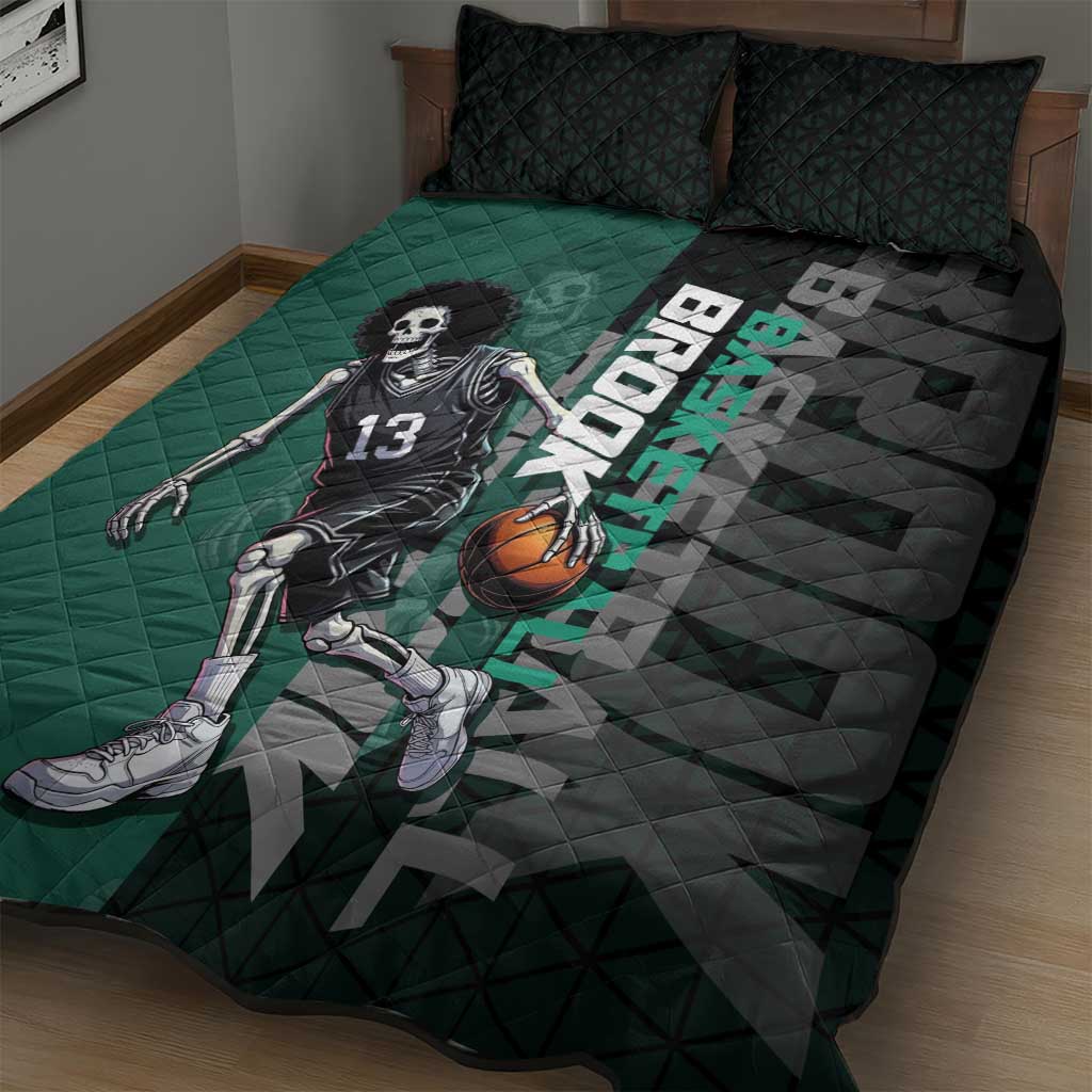 Brook One Piece Basketball Theme Green and Black Design Quilt Bed Set with Skull Emblem and Energetic Pose - The Mazicc
