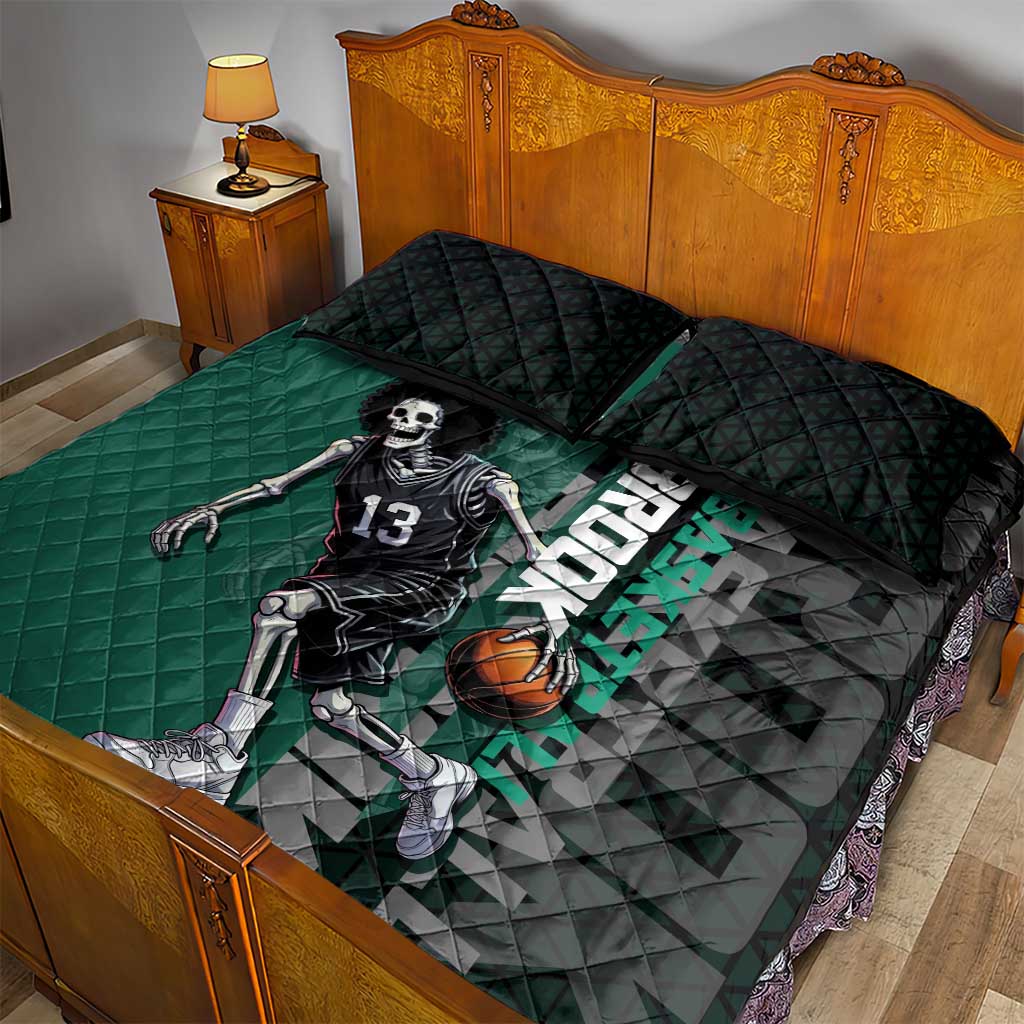 Brook One Piece Basketball Theme Green and Black Design Quilt Bed Set with Skull Emblem and Energetic Pose - The Mazicc