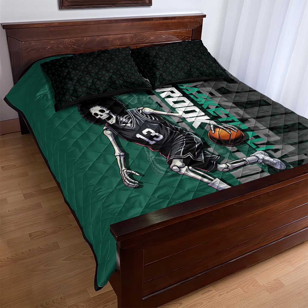 Brook One Piece Basketball Theme Green and Black Design Quilt Bed Set with Skull Emblem and Energetic Pose - The Mazicc