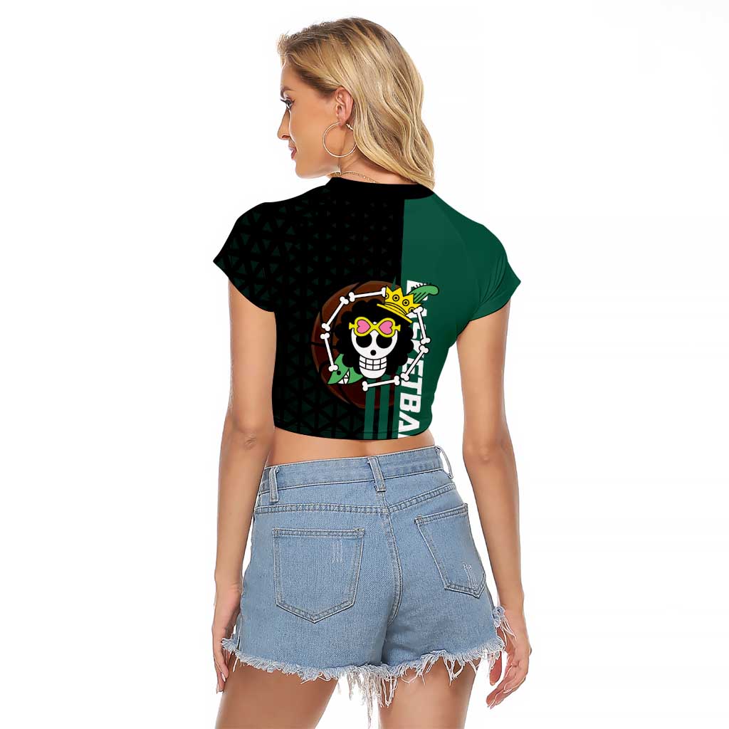 Brook One Piece Basketball Theme Green and Black Design Raglan Cropped T Shirt with Skull Emblem and Energetic Pose - The Mazicc