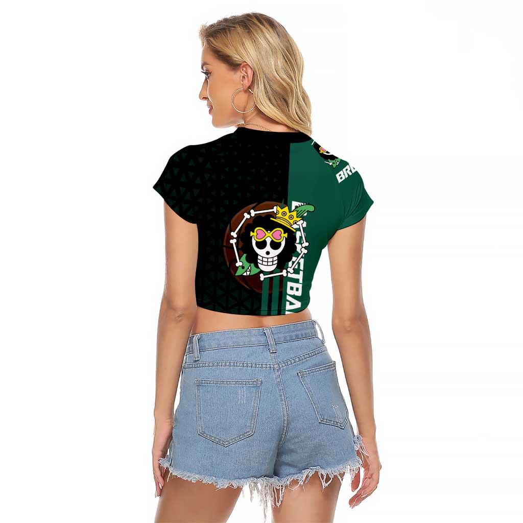 Brook One Piece Basketball Theme Green and Black Design Raglan Cropped T Shirt with Skull Emblem and Energetic Pose - The Mazicc