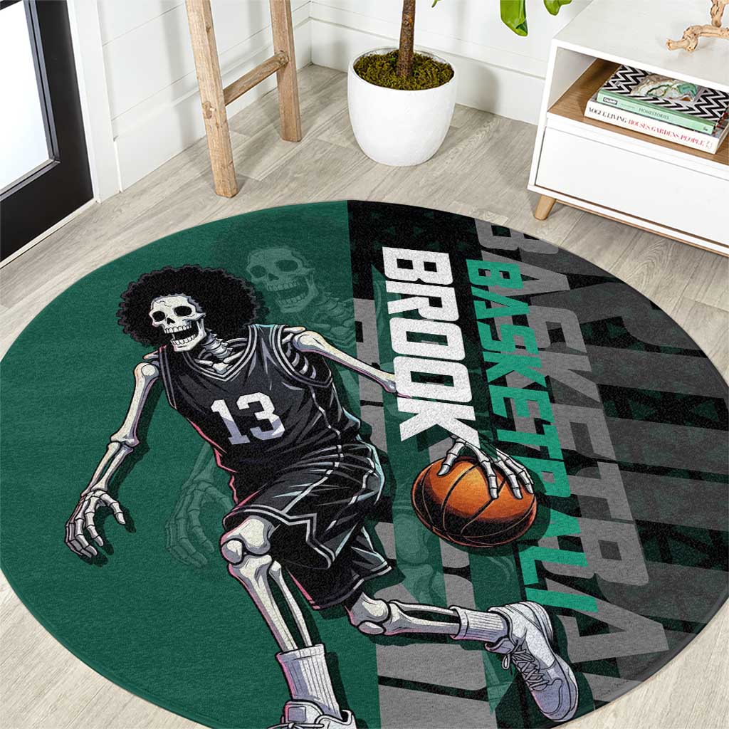 Brook One Piece Basketball Theme Green and Black Design Round Carpet with Skull Emblem and Energetic Pose - The Mazicc