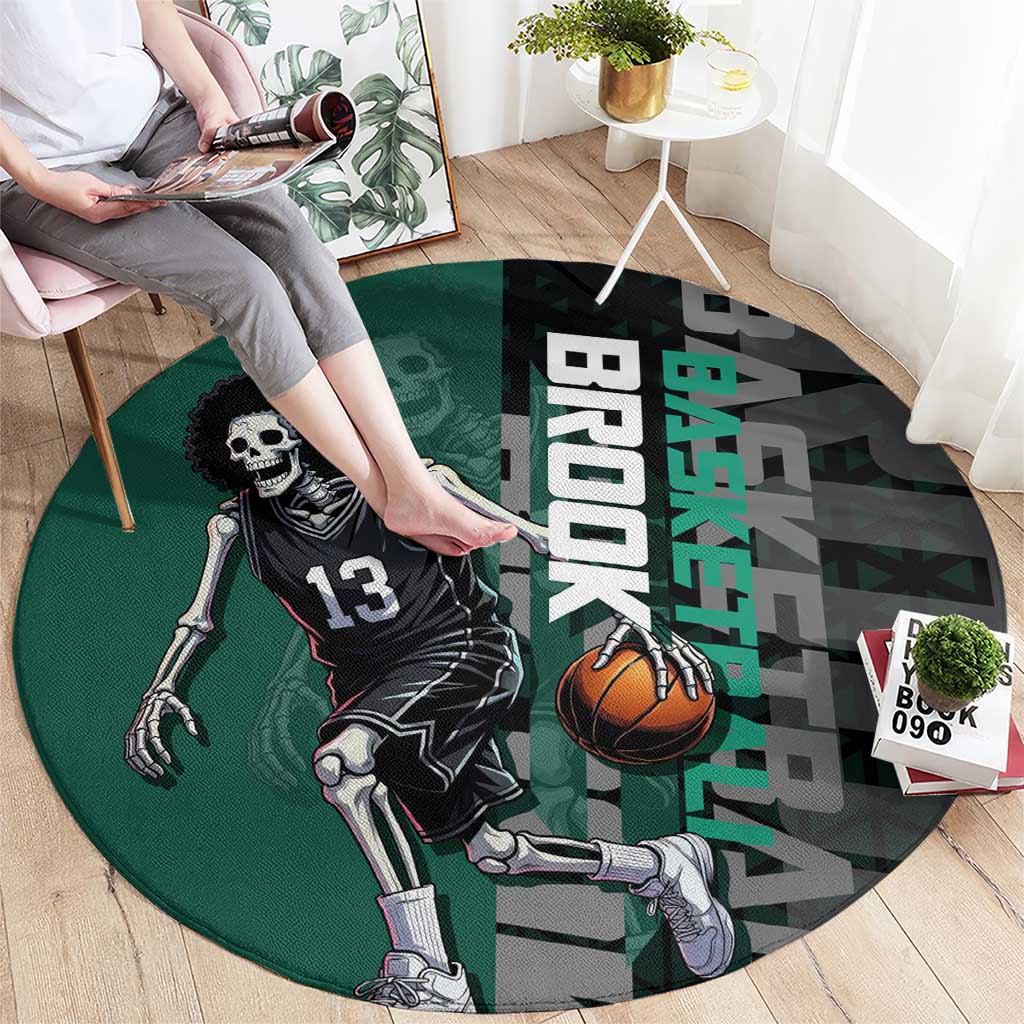 Brook One Piece Basketball Theme Green and Black Design Round Carpet with Skull Emblem and Energetic Pose - The Mazicc