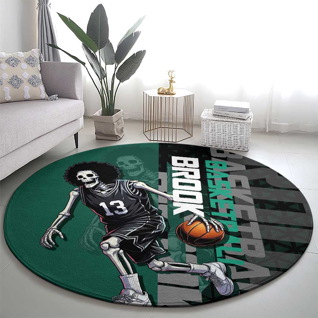 Brook One Piece Basketball Theme Green and Black Design Round Carpet with Skull Emblem and Energetic Pose - The Mazicc