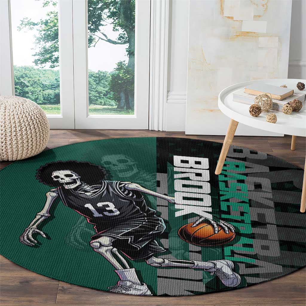 Brook One Piece Basketball Theme Green and Black Design Round Carpet with Skull Emblem and Energetic Pose - The Mazicc