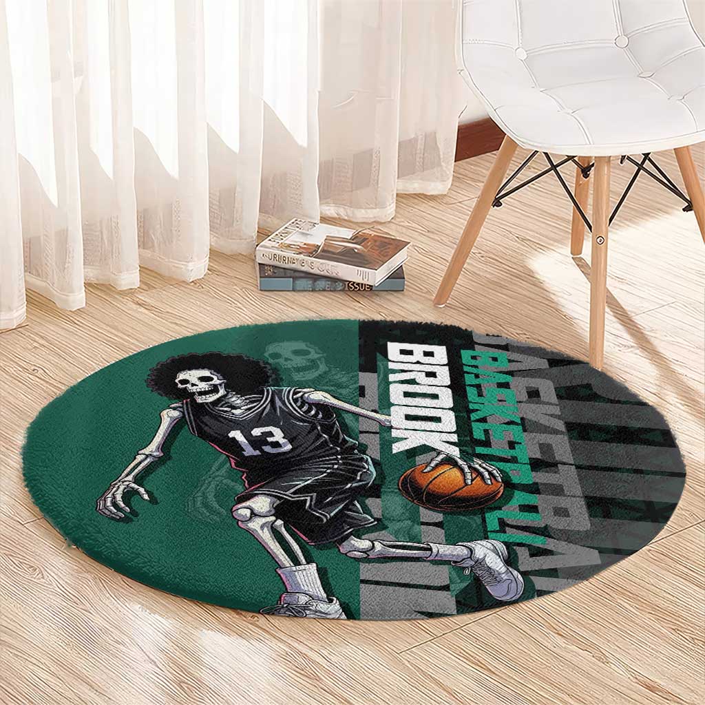 Brook One Piece Basketball Theme Green and Black Design Round Carpet with Skull Emblem and Energetic Pose - The Mazicc