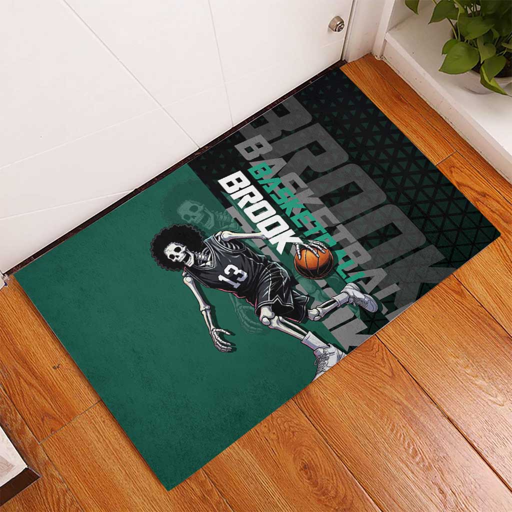 Brook One Piece Basketball Theme Green and Black Design Rubber Doormat with Skull Emblem and Energetic Pose - The Mazicc