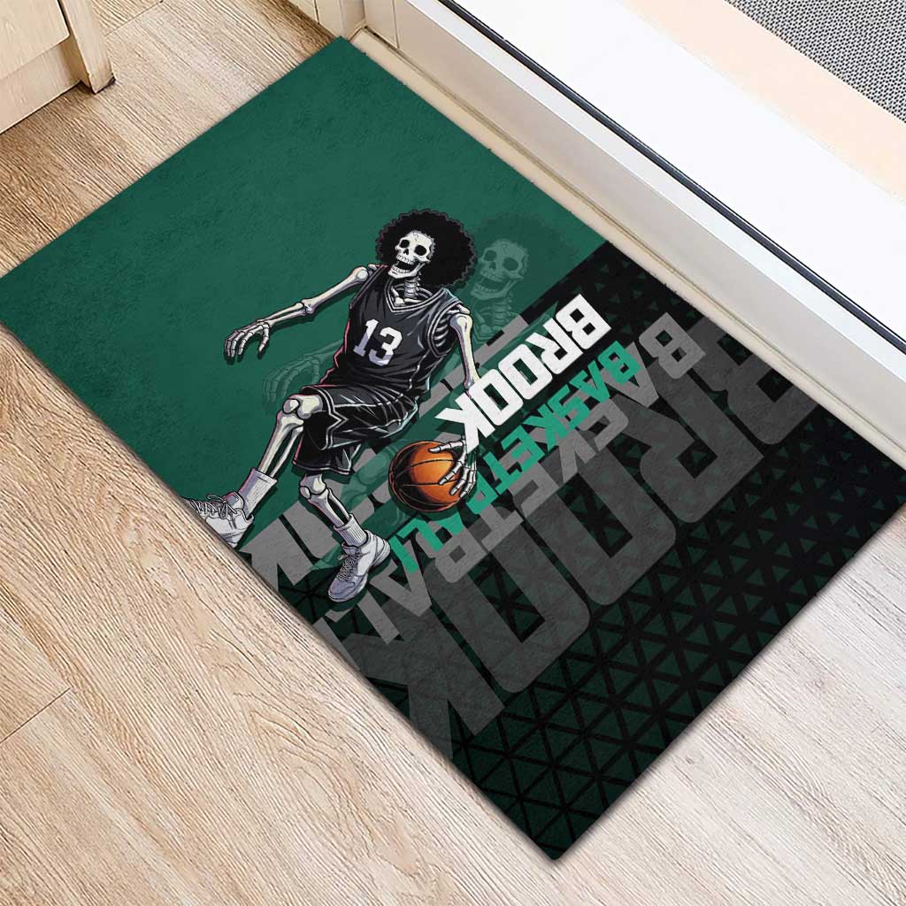 Brook One Piece Basketball Theme Green and Black Design Rubber Doormat with Skull Emblem and Energetic Pose - The Mazicc
