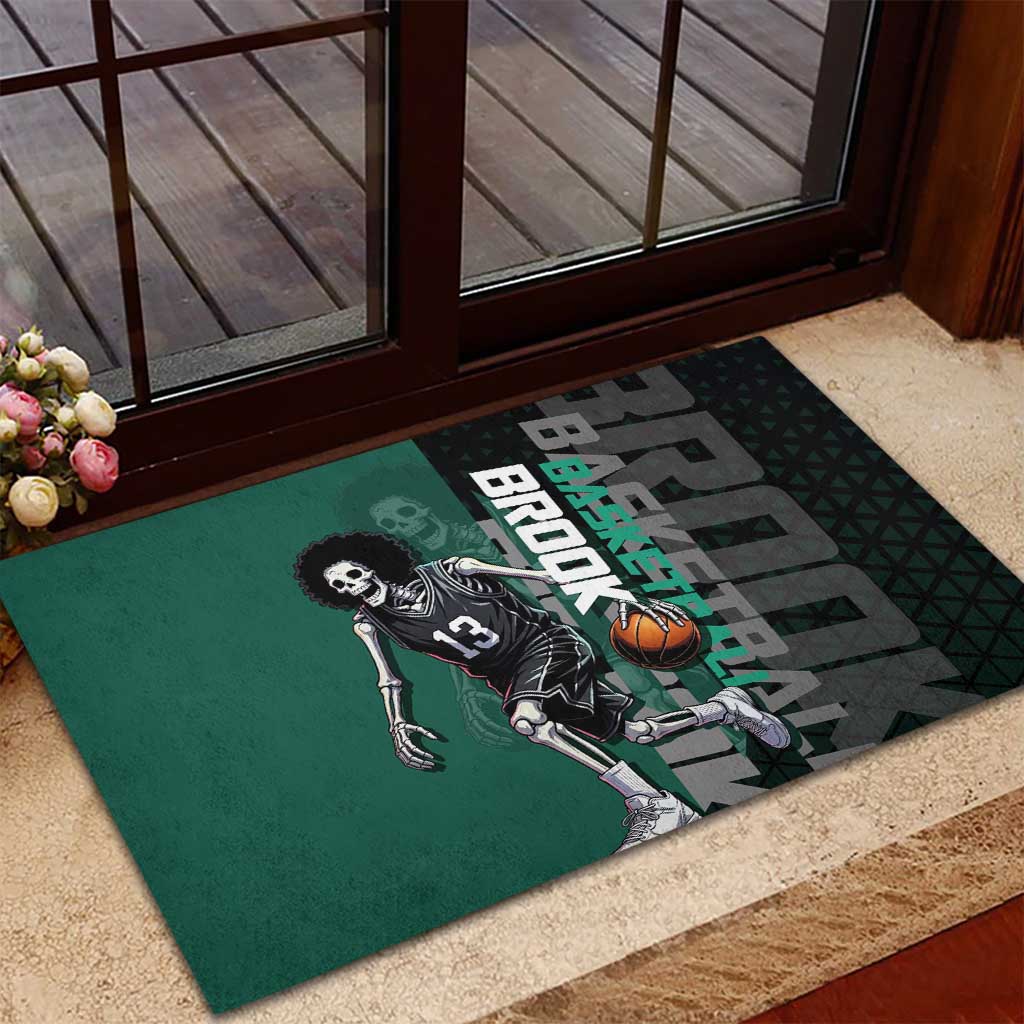Brook One Piece Basketball Theme Green and Black Design Rubber Doormat with Skull Emblem and Energetic Pose - The Mazicc