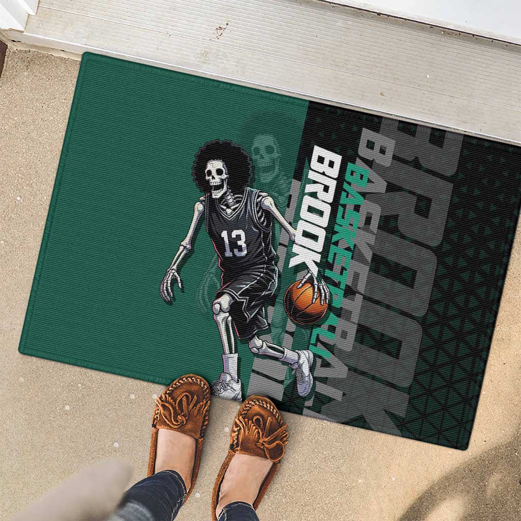 Brook One Piece Basketball Theme Green and Black Design Rubber Doormat with Skull Emblem and Energetic Pose - The Mazicc
