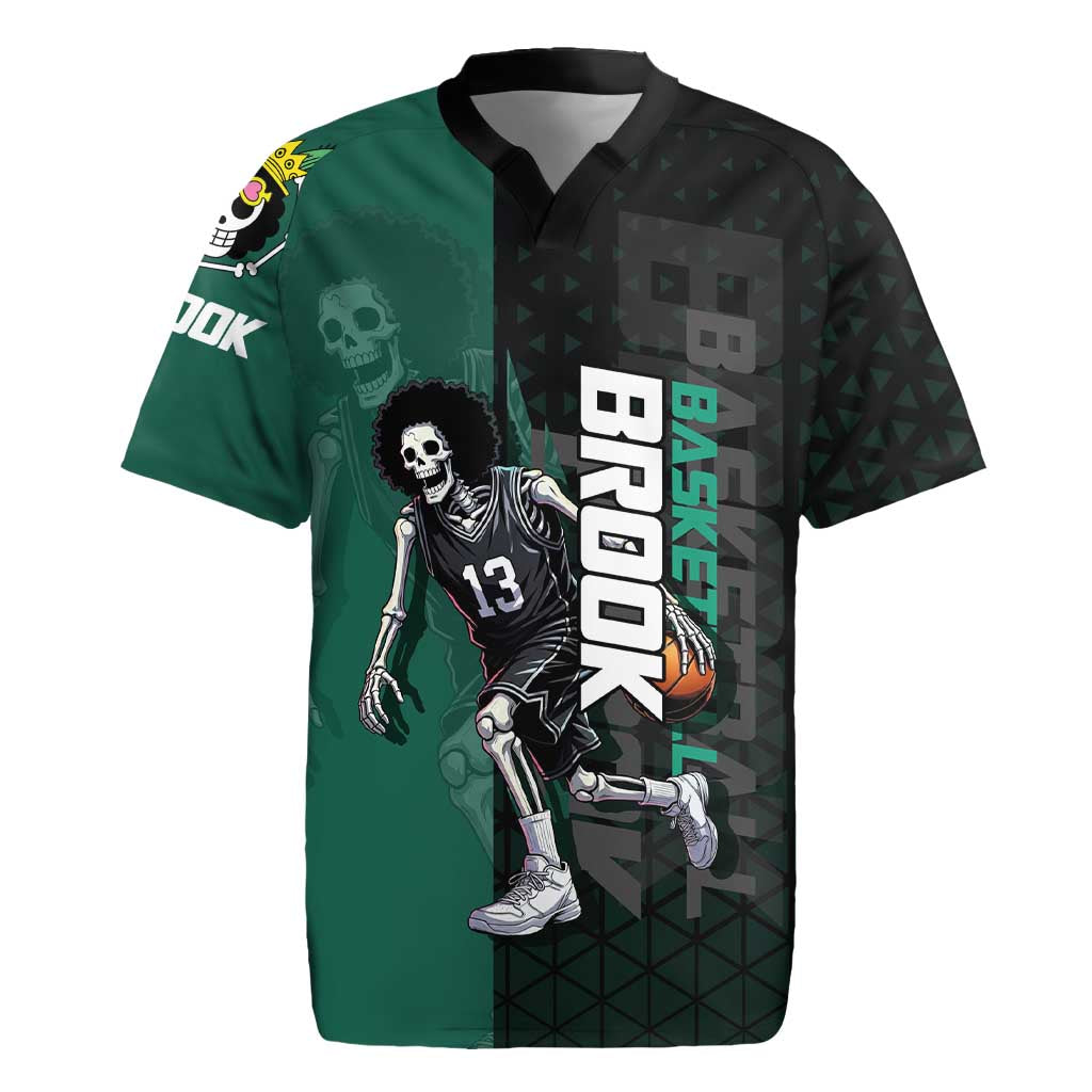 Brook One Piece Basketball Theme Green and Black Design Rugby Jersey with Skull Emblem and Energetic Pose - The Mazicc