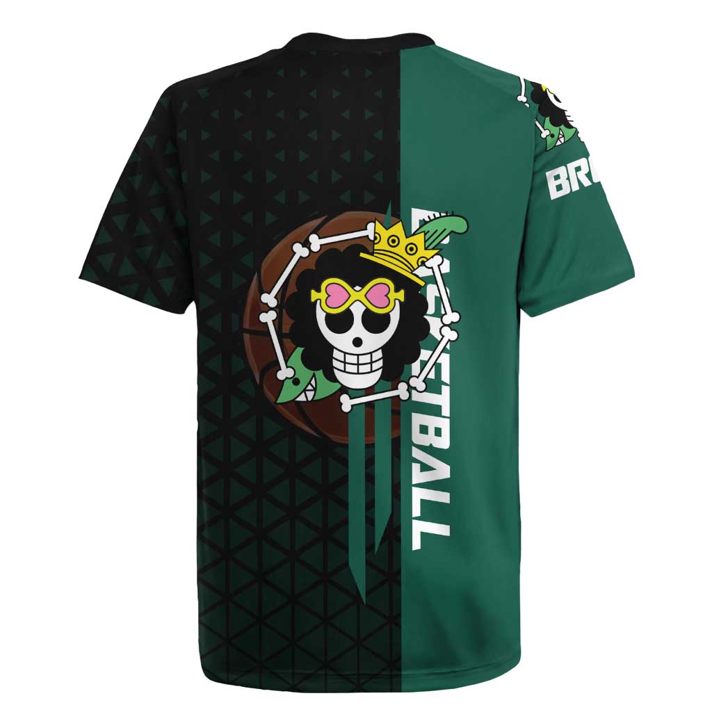 Brook One Piece Basketball Theme Green and Black Design Rugby Jersey with Skull Emblem and Energetic Pose - The Mazicc