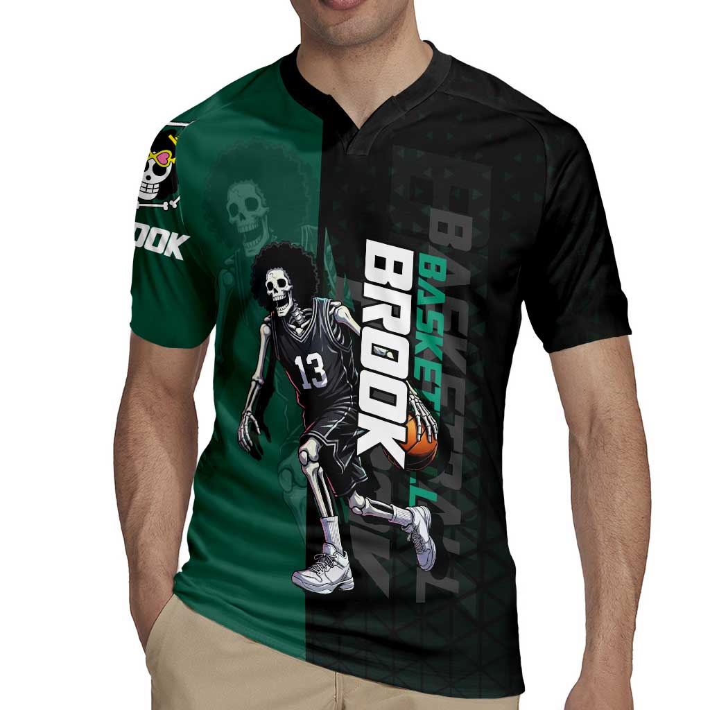 Brook One Piece Basketball Theme Green and Black Design Rugby Jersey with Skull Emblem and Energetic Pose - The Mazicc