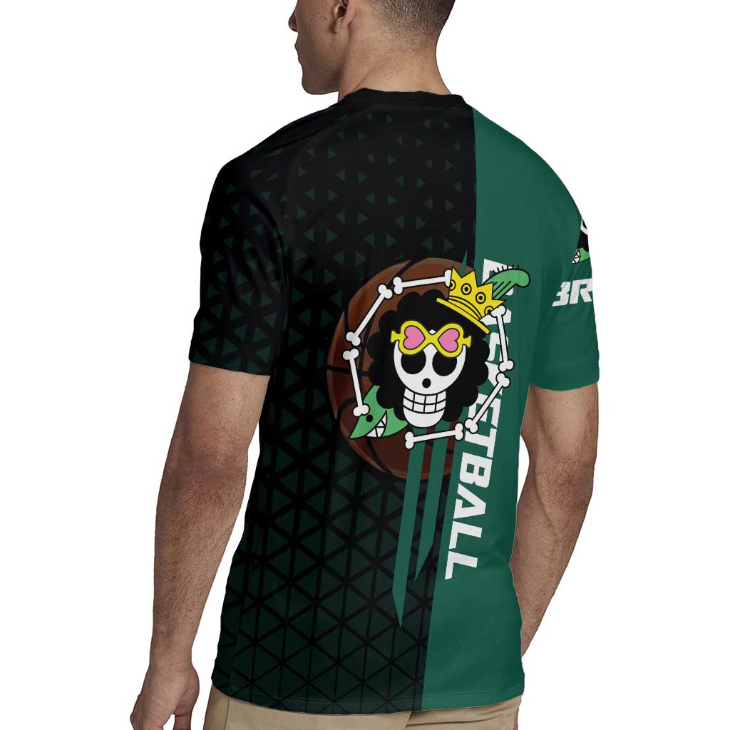 Brook One Piece Basketball Theme Green and Black Design Rugby Jersey with Skull Emblem and Energetic Pose - The Mazicc