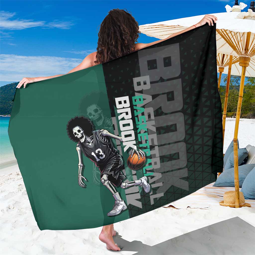 Brook One Piece Basketball Theme Green and Black Design Sarong with Skull Emblem and Energetic Pose - The Mazicc