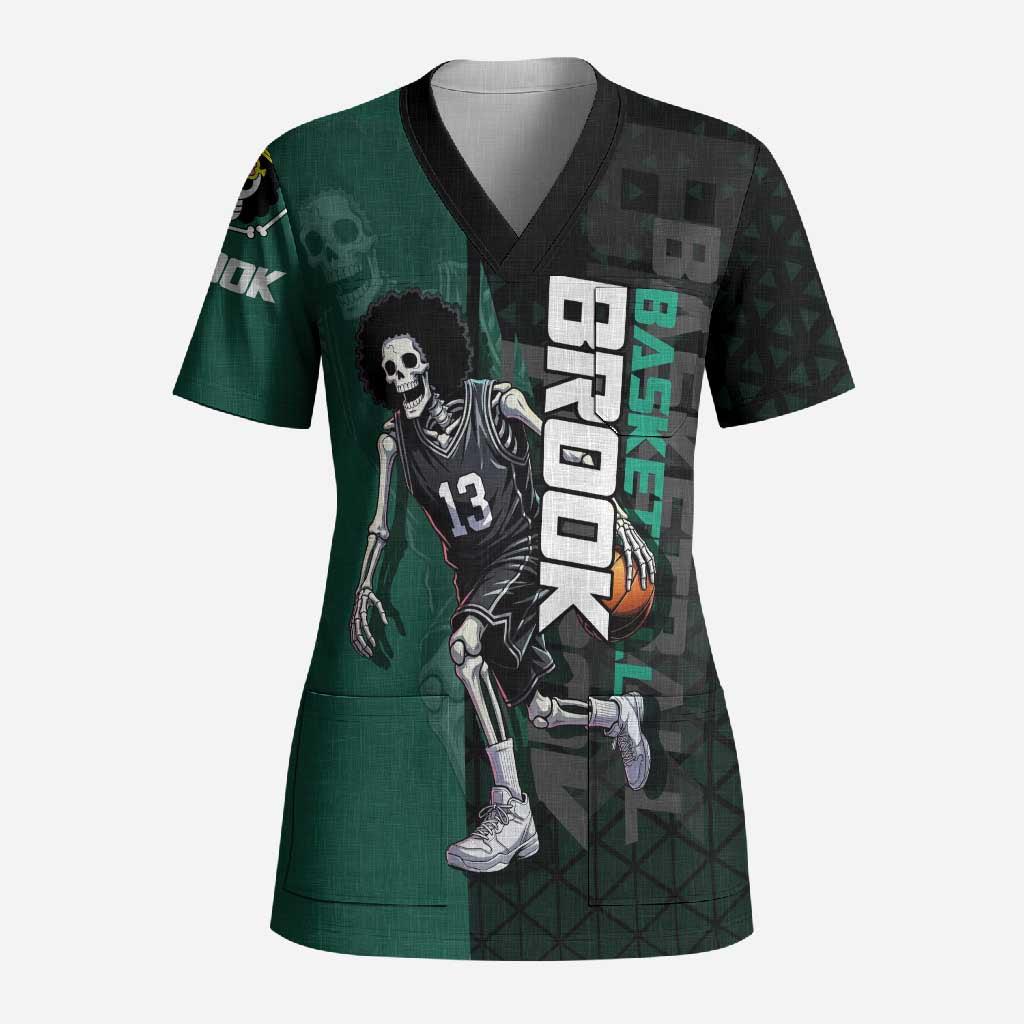 Brook One Piece Basketball Theme Green and Black Design Scrub Top with Skull Emblem and Energetic Pose - The Mazicc